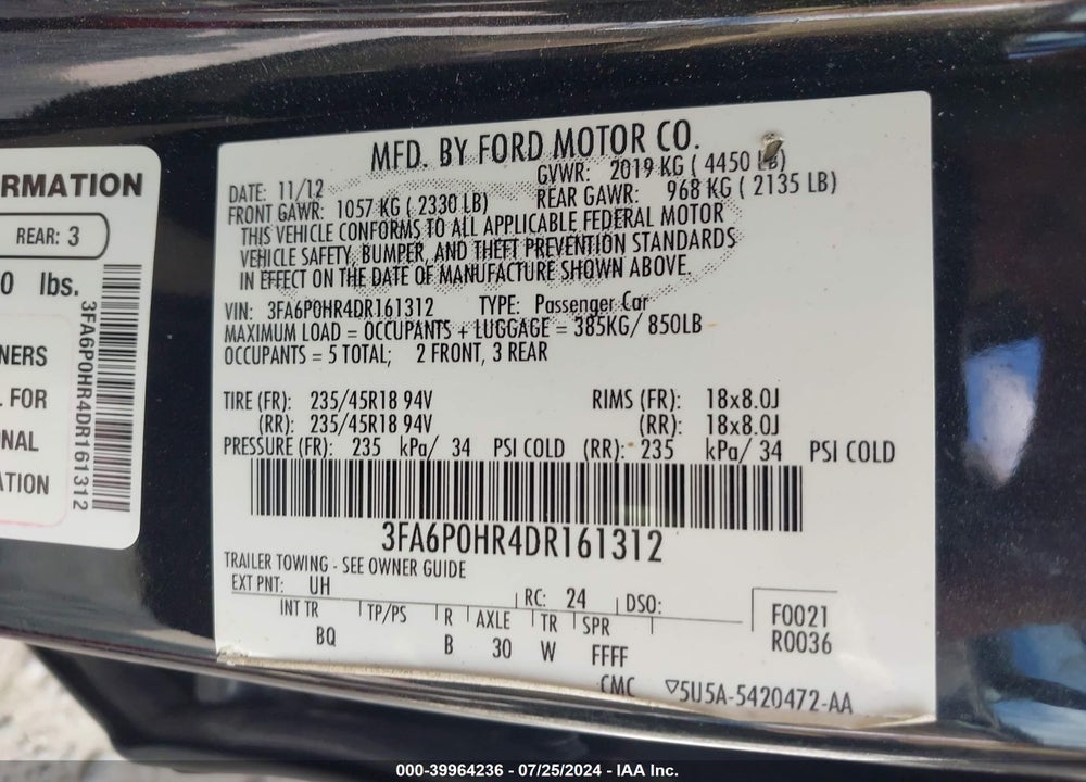 2013 FORD FUSION SE VIN: 3FA6P0HR4DR161312