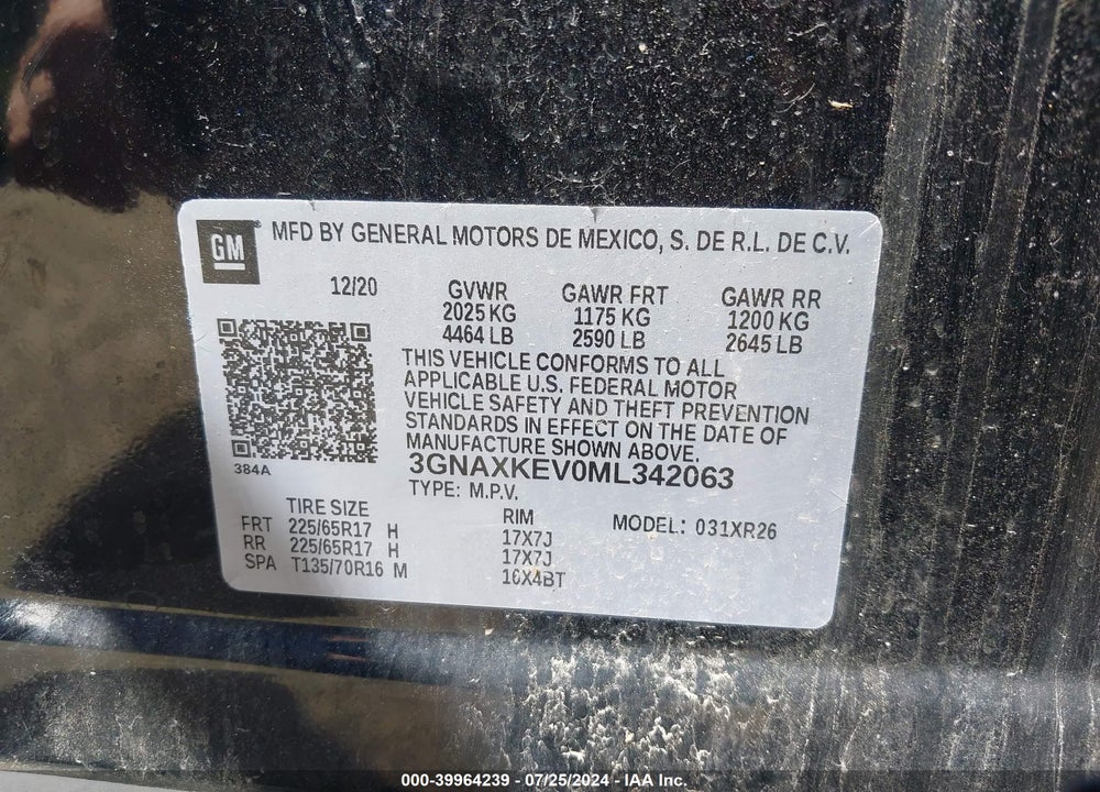 2021 CHEVROLET EQUINOX FWD LT VIN: 3GNAXKEV0ML342063