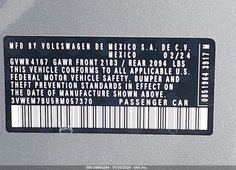 2024 VOLKSWAGEN JETTA 1.5T SE VIN: 3VWEM7BU5RM057370