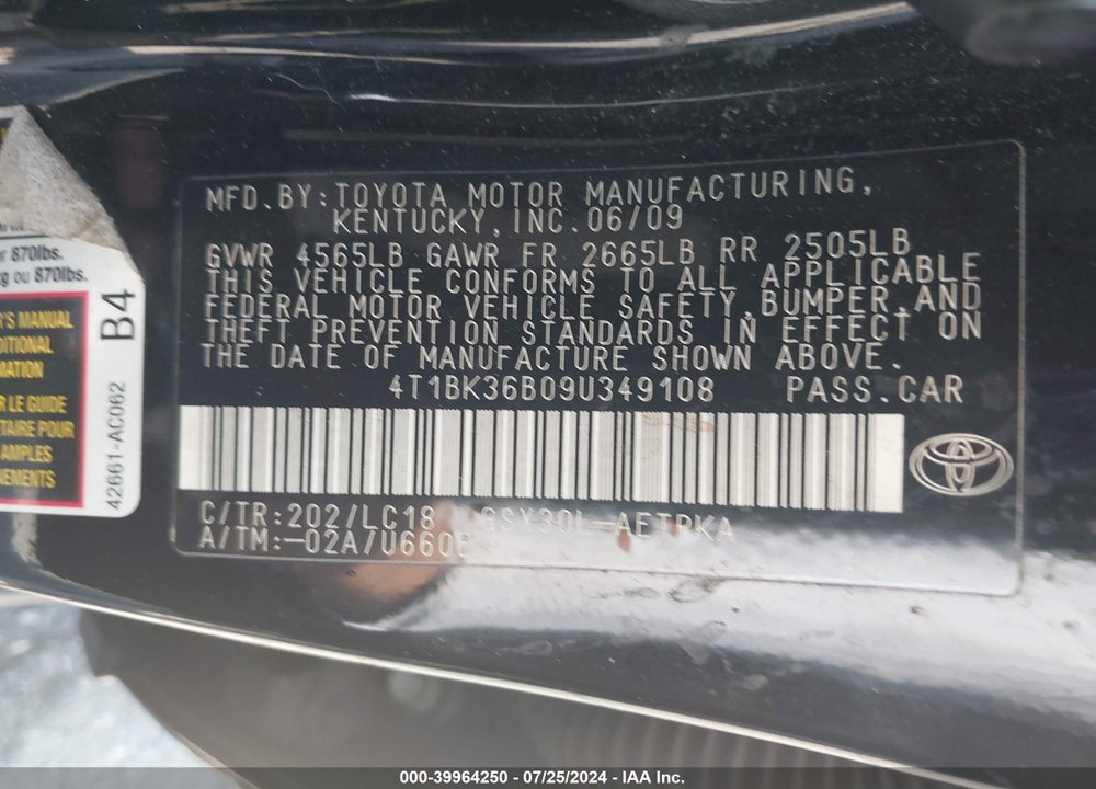 2009 TOYOTA AVALON LIMITED VIN: 4T1BK36B09U349108