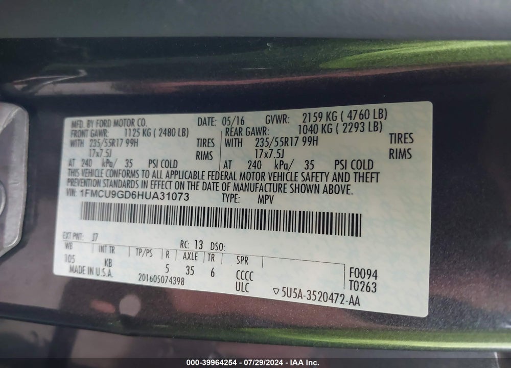 2017 FORD ESCAPE SE VIN: 1FMCU9GD6HUA31073
