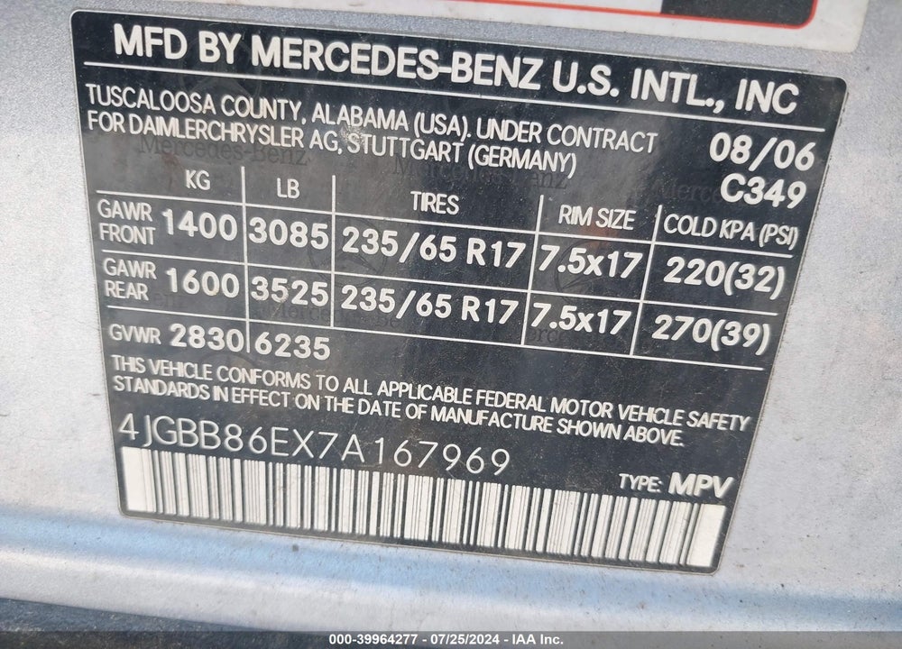 2007 MERCEDES-BENZ ML 350 4MATIC VIN: 4JGBB86EX7A167969
