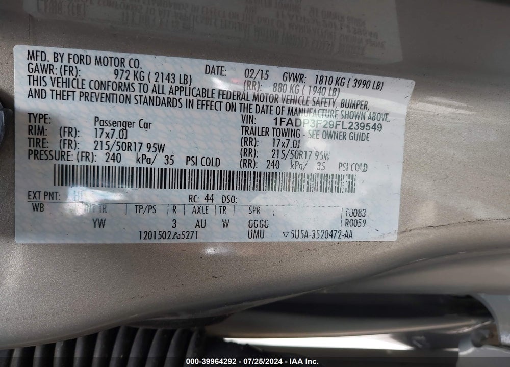 2015 FORD FOCUS SE VIN: 1FADP3F29FL239549