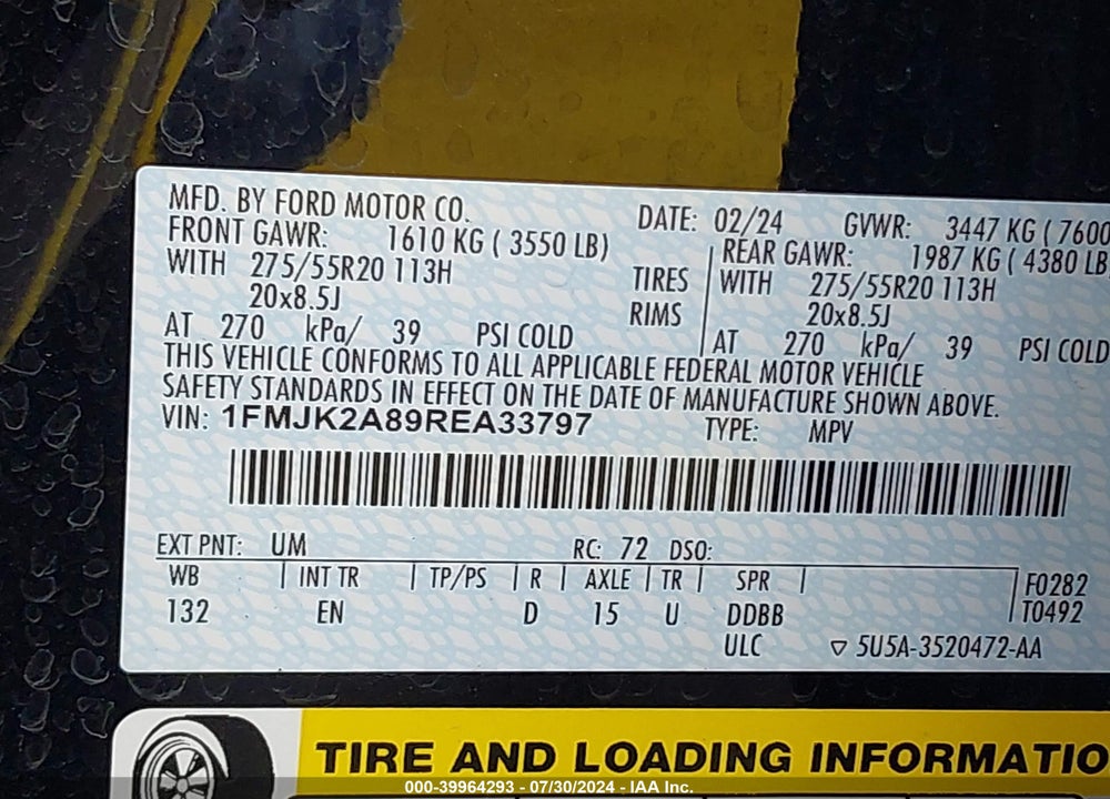 2024 FORD EXPEDITION MAX LIMITED VIN: 1FMJK2A89REA33797