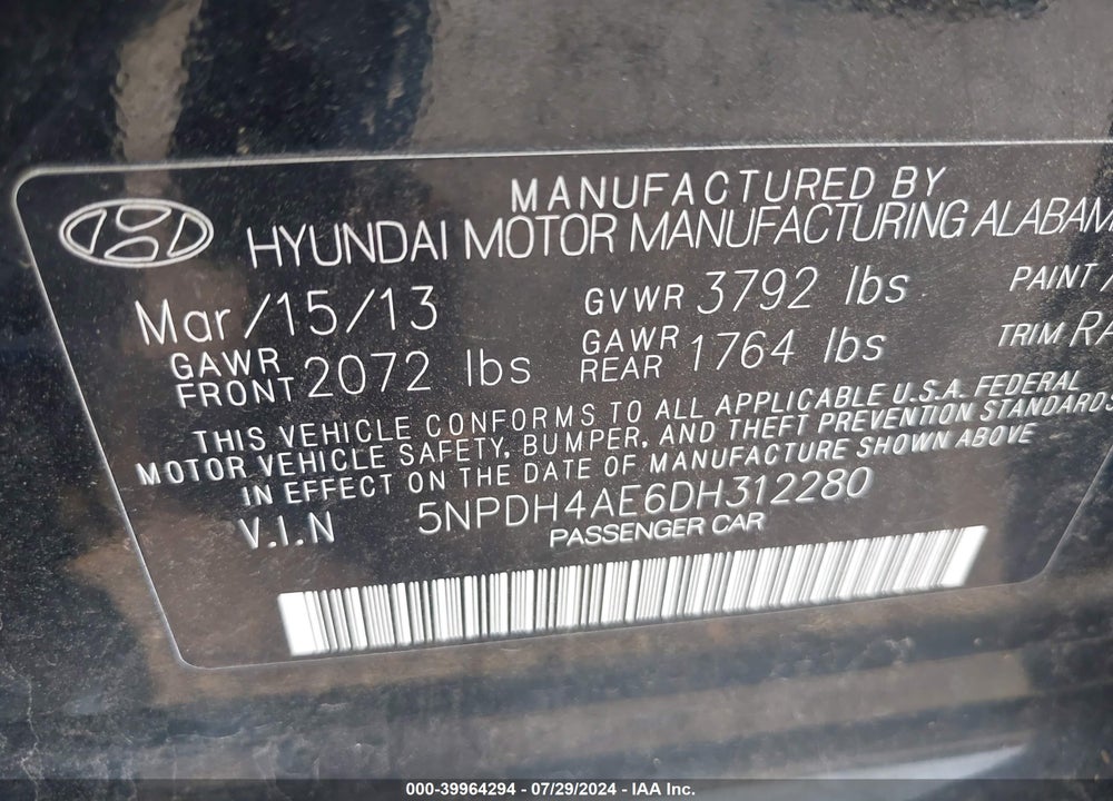 2013 HYUNDAI ELANTRA LIMITED VIN: 5NPDH4AE6DH312280