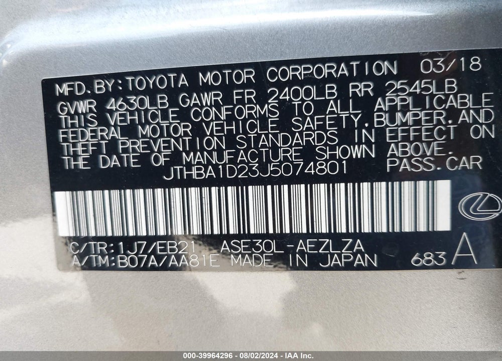 2018 LEXUS IS 300 VIN: JTHBA1D23J5074801
