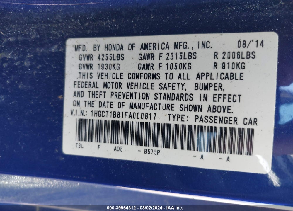2015 HONDA ACCORD EX-L VIN: 1HGCT1B81FA000817