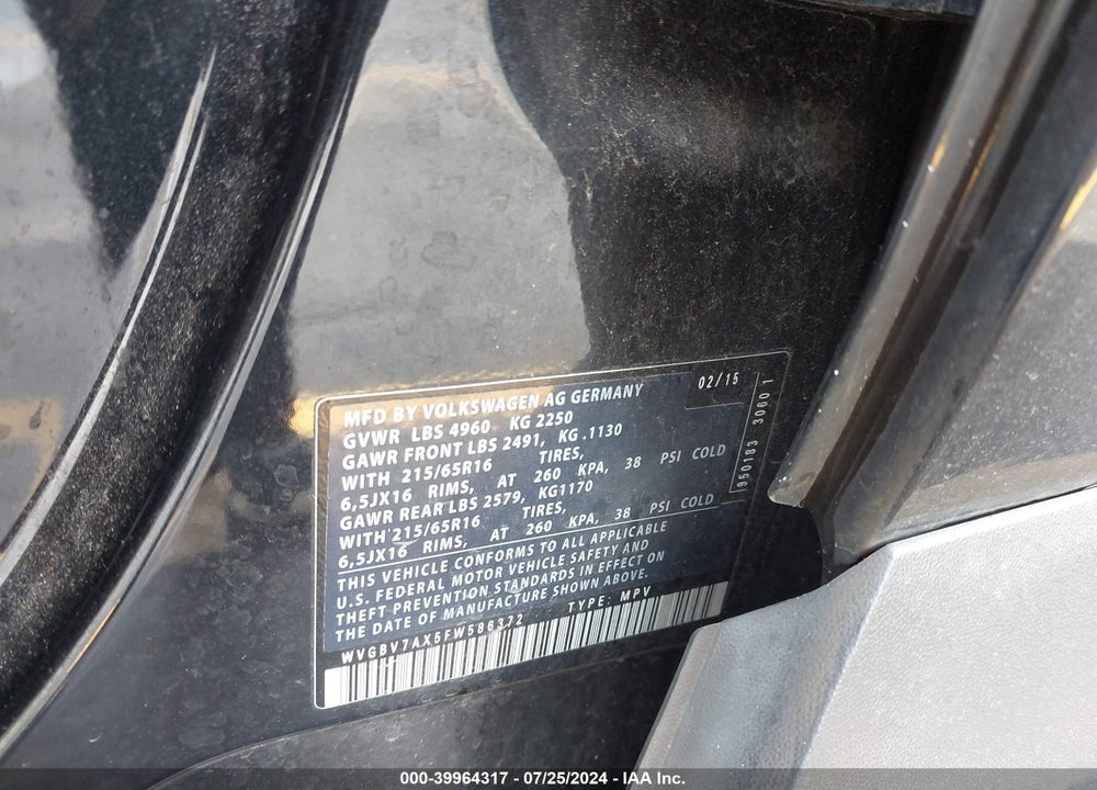 2015 VOLKSWAGEN TIGUAN S VIN: WVGBV7AX5FW586372