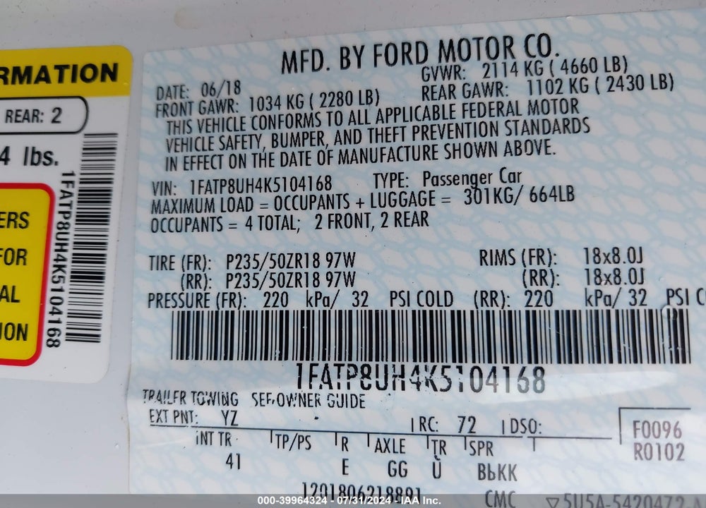 2019 FORD MUSTANG ECOBOOST PREMIUM VIN: 1FATP8UH4K5104168