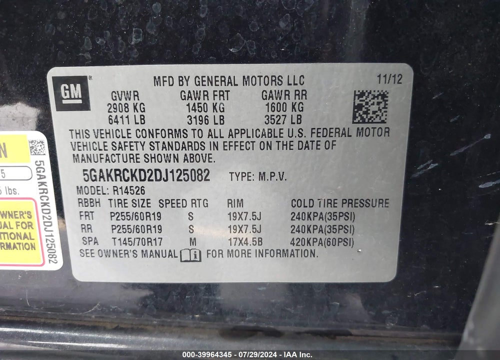 2013 BUICK ENCLAVE LEATHER VIN: 5GAKRCKD2DJ125082