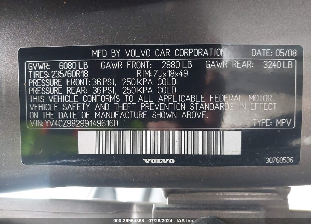2009 VOLVO XC90 3.2 VIN: YV4CZ982991496160