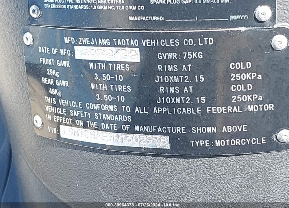 2022 TAO TAO 50CC VIN: L9NTCBAE7N1302978