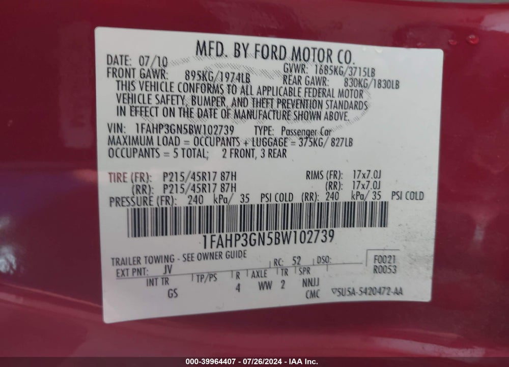 2011 FORD FOCUS SES VIN: 1FAHP3GN5BW102739