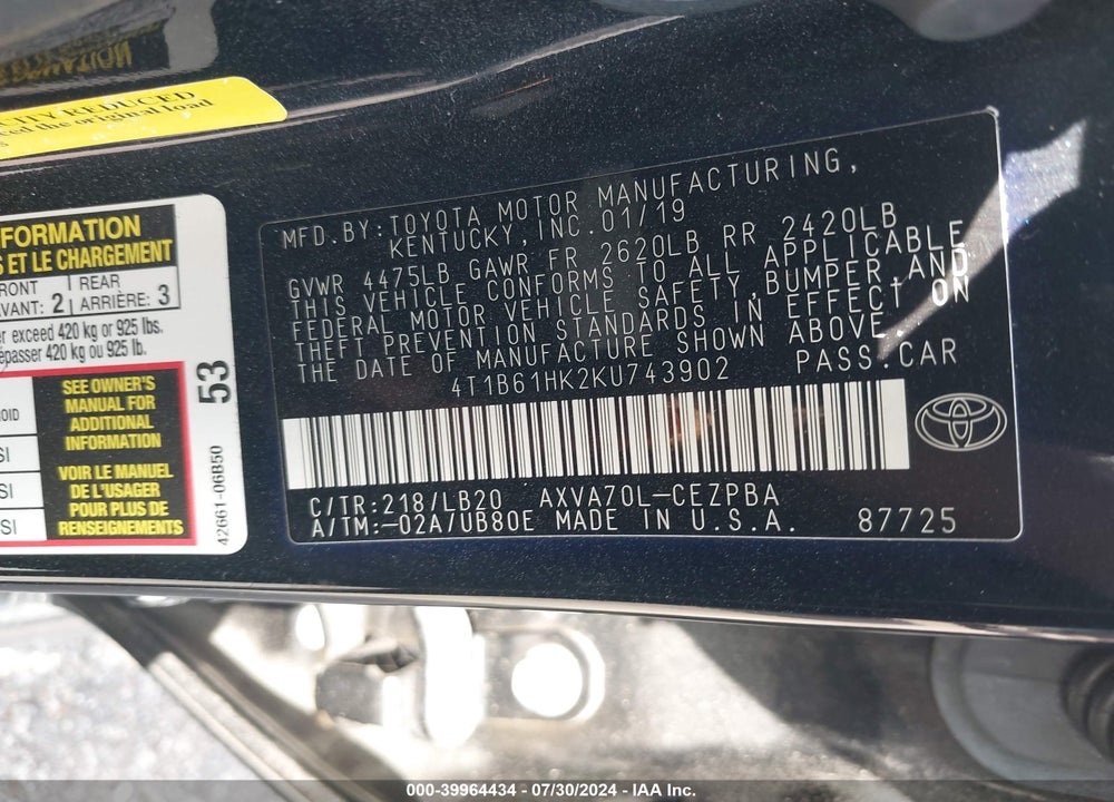 2019 TOYOTA CAMRY XSE VIN: 4T1B61HK2KU743902