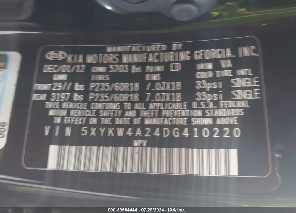 2013 KIA SORENTO SX VIN: 5XYKW4A24DG410220