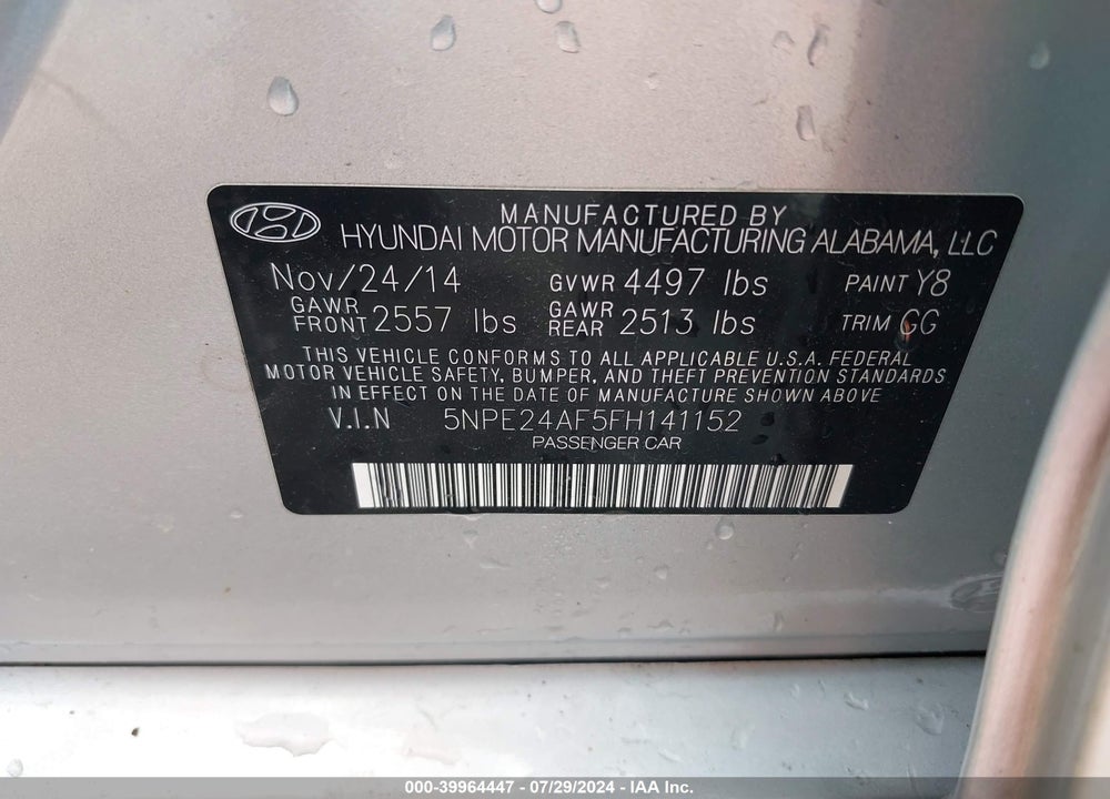 2015 HYUNDAI SONATA SE VIN: 5NPE24AF5FH141152
