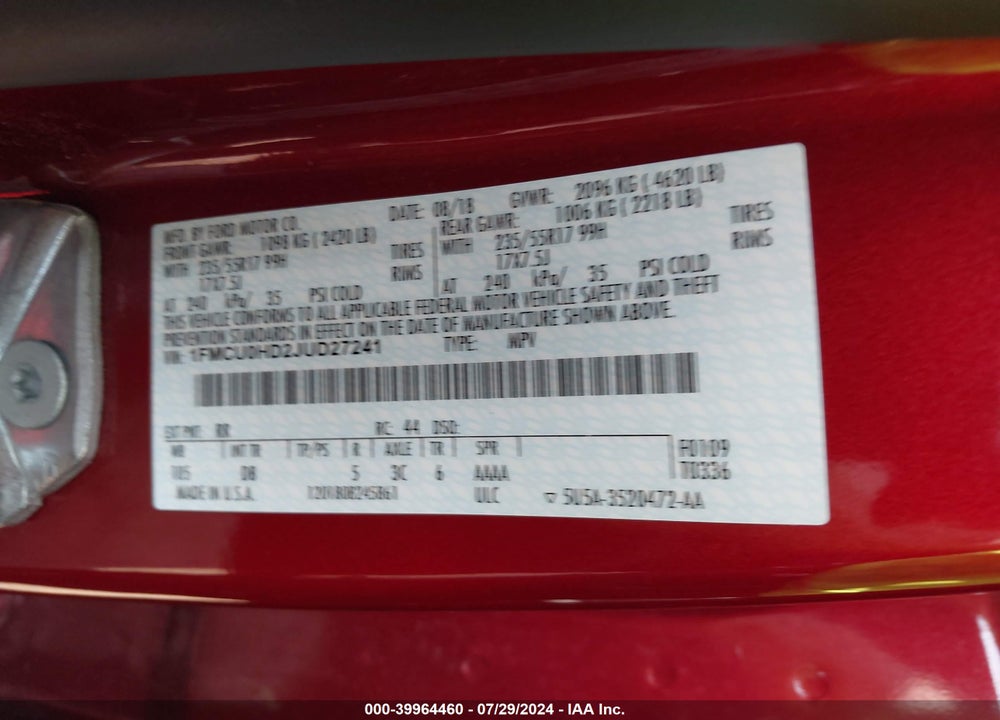 2018 FORD ESCAPE VIN: 1FMCU0HD2JUD27241