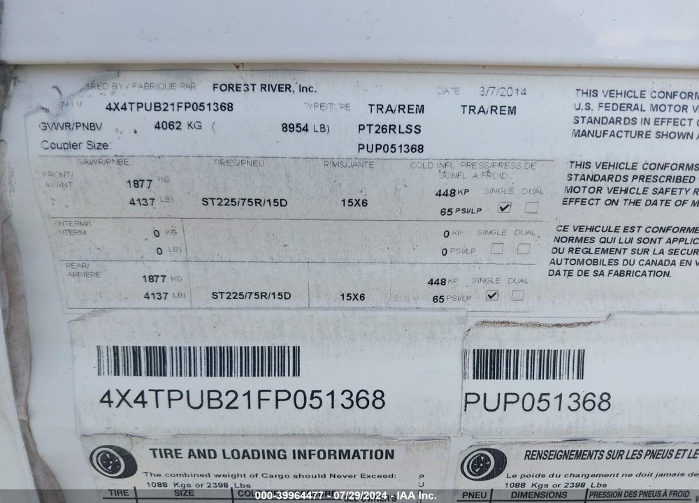 2015 PALOMINO PUMA 26RLSS VIN: 4X4TPUB21FP051368