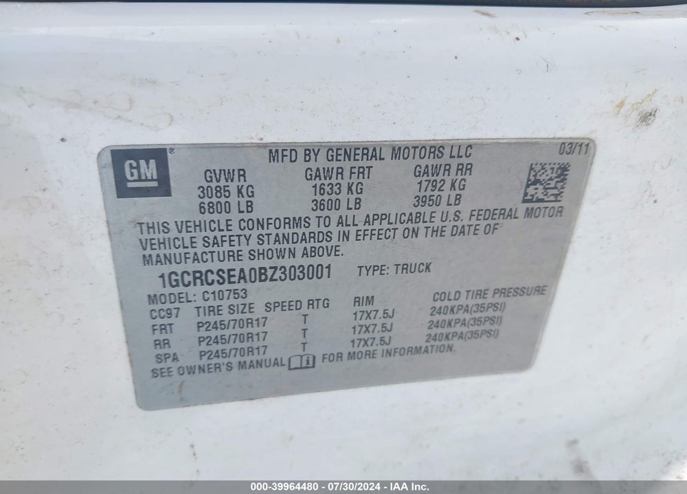 2011 CHEVROLET SILVERADO 1500 LT VIN: 1GCRCSEA0BZ303001