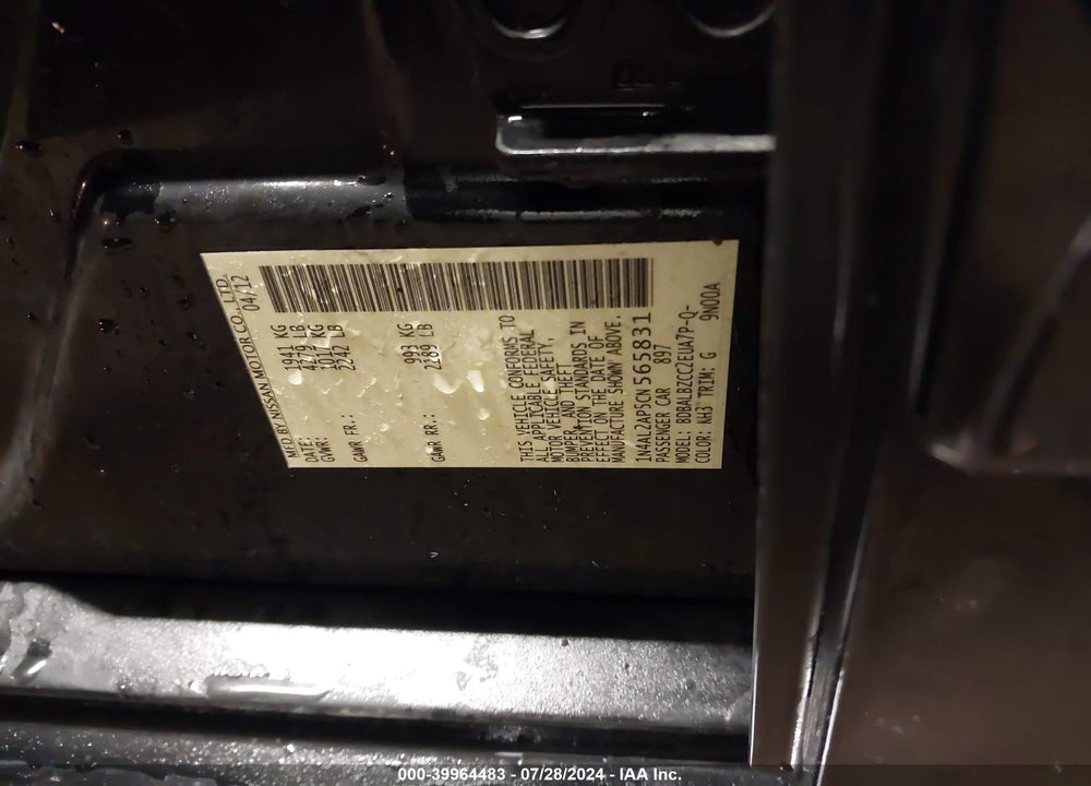 2012 NISSAN ALTIMA 2.5 S VIN: 1N4AL2AP5CN565831