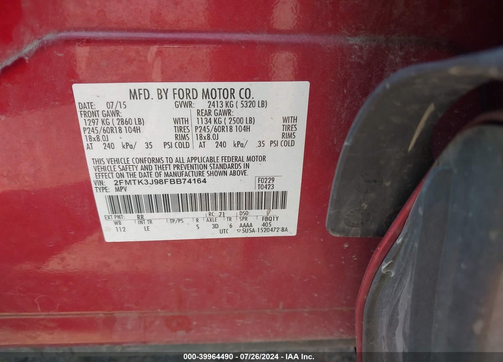 2015 FORD EDGE SEL VIN: 2FMTK3J98FBB74164
