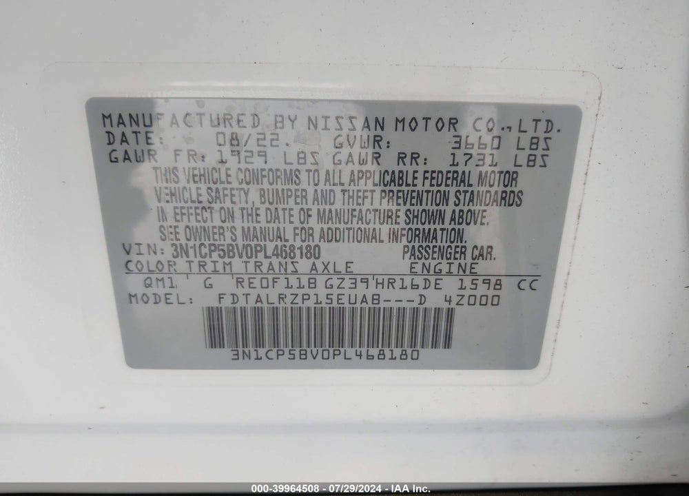 2023 NISSAN KICKS S XTRONIC CVT VIN: 3N1CP5BV0PL468180