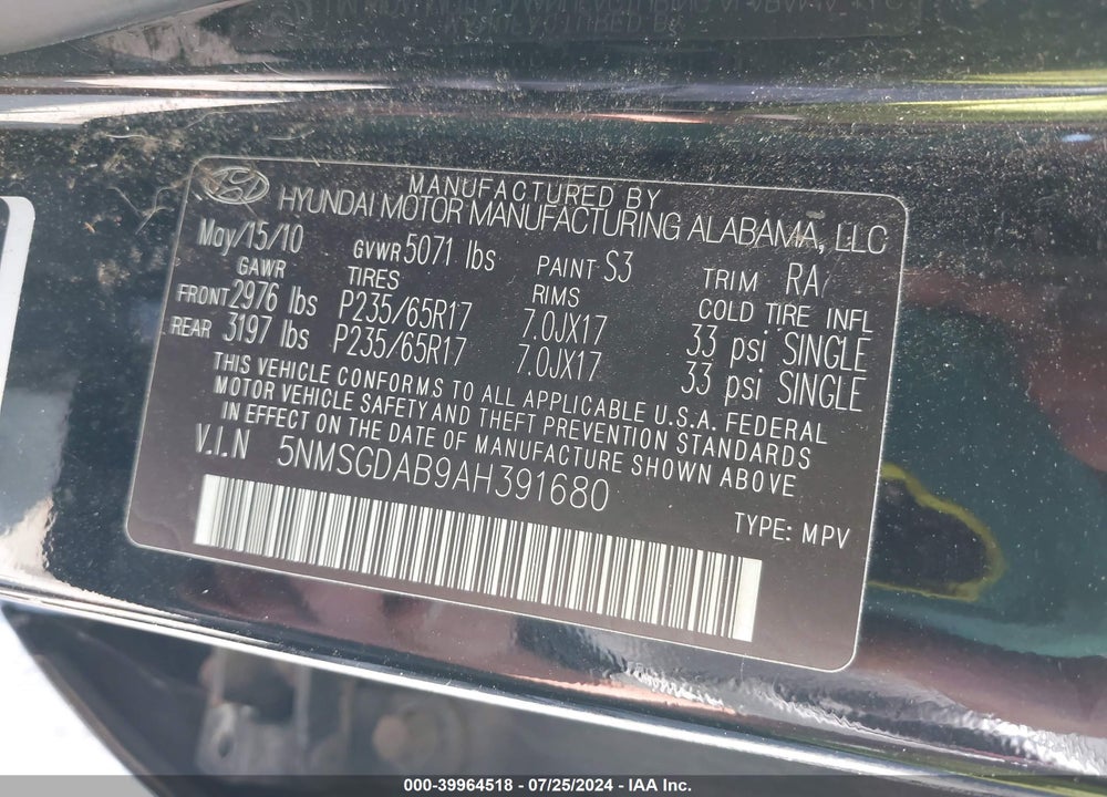 2010 HYUNDAI SANTA FE GLS VIN: 5NMSGDAB9AH391680