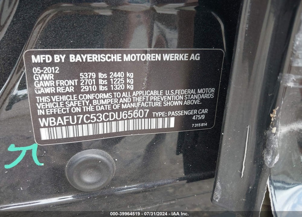 2012 BMW 535I XDRIVE VIN: WBAFU7C53CDU65607