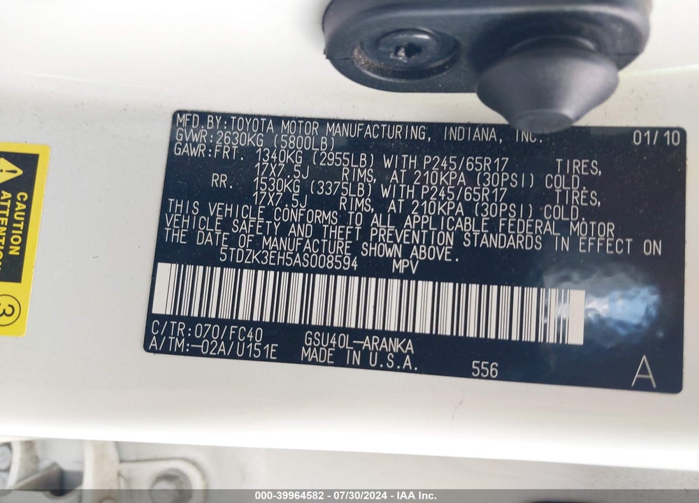 2010 TOYOTA HIGHLANDER BASE V6 VIN: 5TDZK3EH5AS008594
