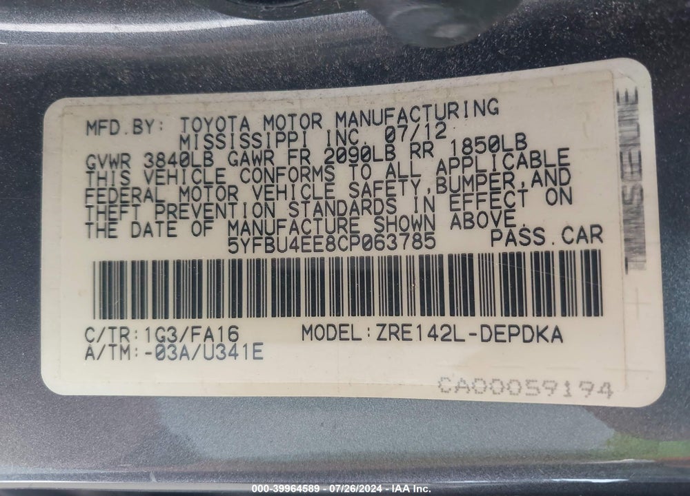 2012 TOYOTA COROLLA L VIN: 5YFBU4EE8CP063785