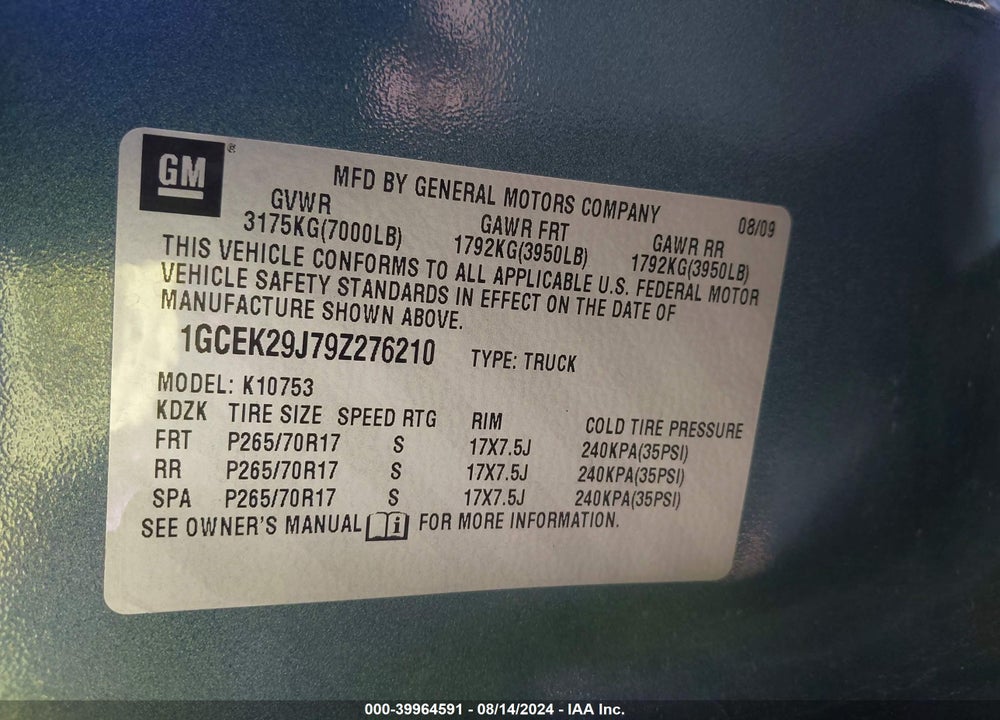 2009 CHEVROLET SILVERADO 1500 LT VIN: 1GCEK29J79Z276210