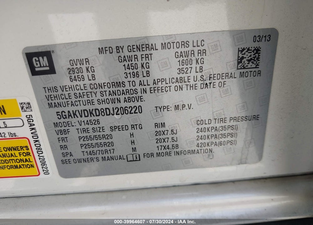 2013 BUICK ENCLAVE PREMIUM VIN: 5GAKVDKD8DJ206220