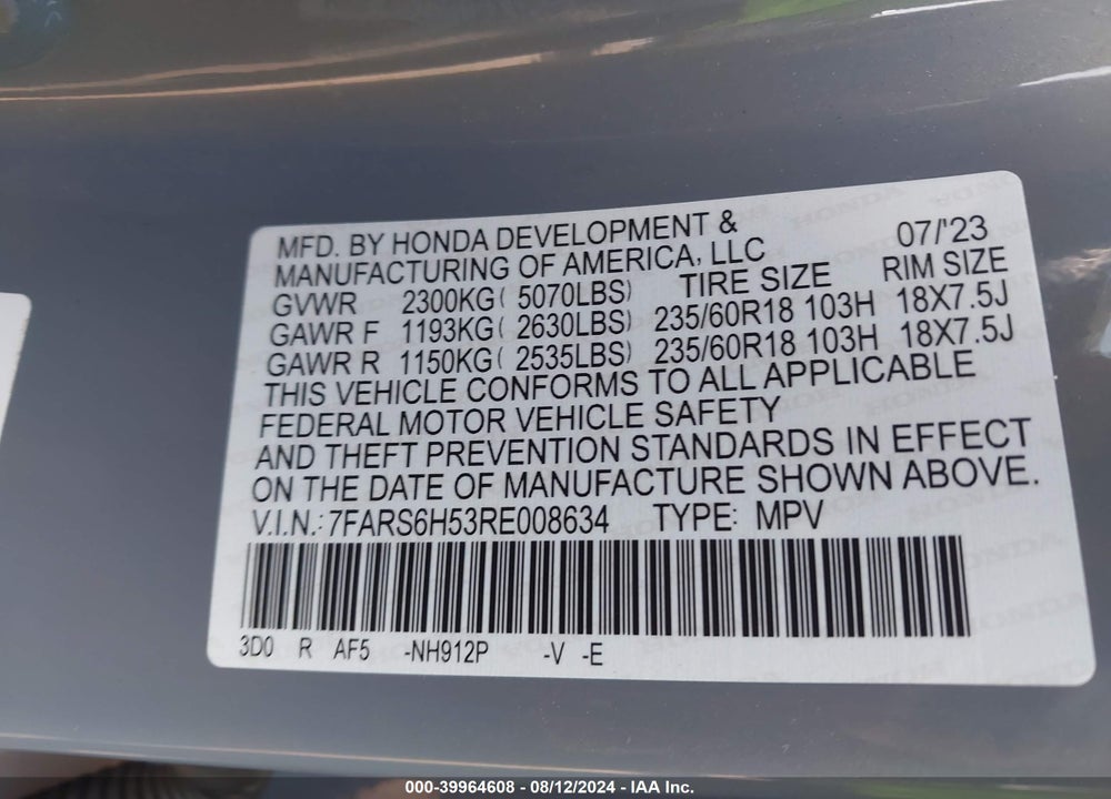 2024 HONDA CR-V VIN: 7FARS6H53RE008634