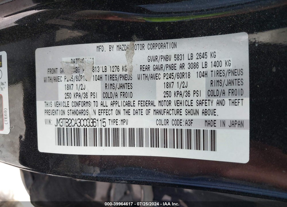 2012 MAZDA CX-9 TOURING VIN: JM3TB2CA3C0336115