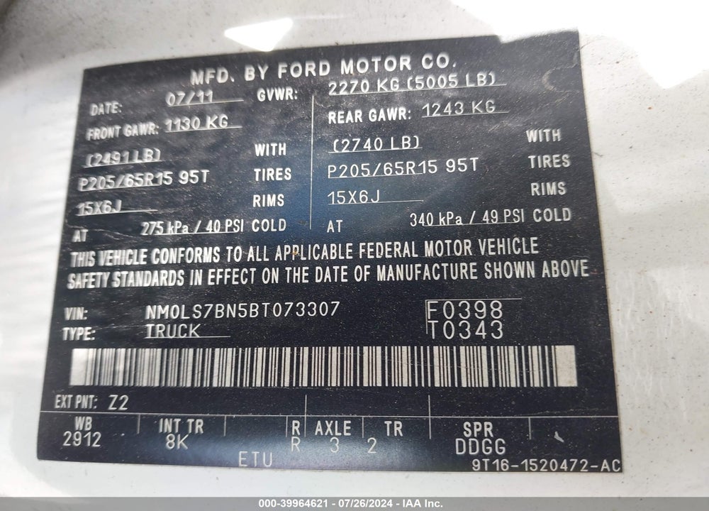 2011 FORD TRANSIT CONNECT XLT VIN: NM0LS7BN5BT073307