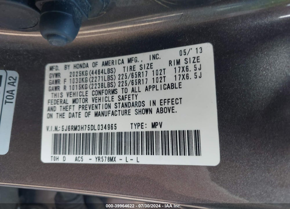 2013 HONDA CR-V EX-L VIN: 5J6RM3H75DL034965
