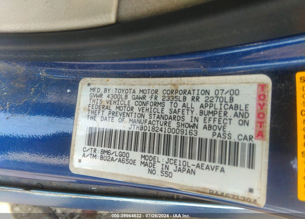 2001 LEXUS IS 300 VIN: JTHBD182410009163