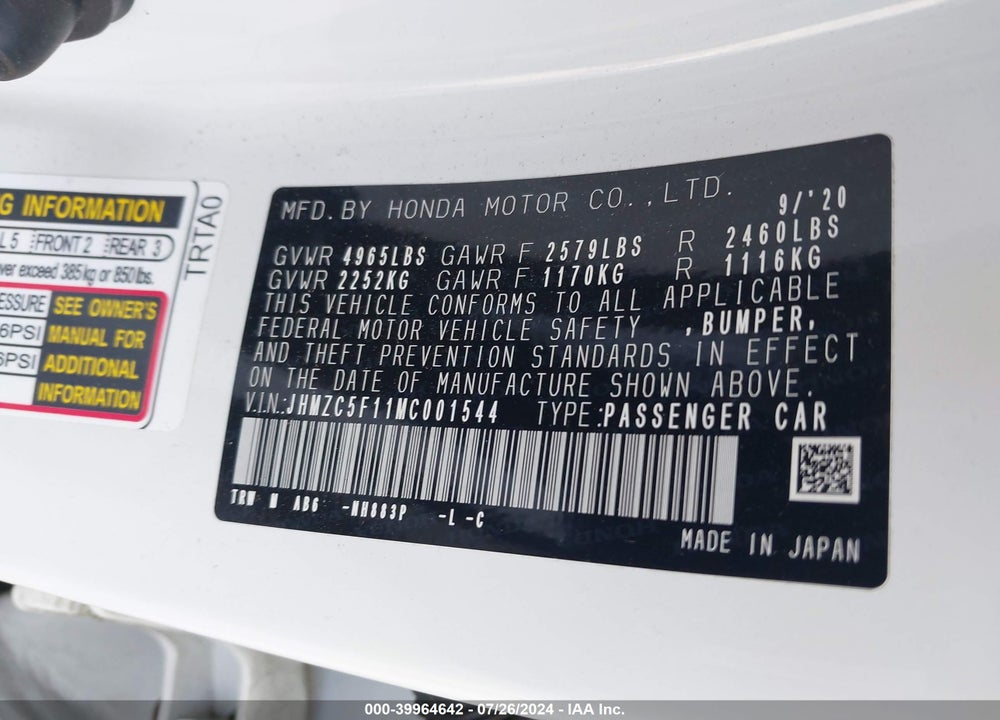 2021 HONDA CLARITY PLUG-IN HYBRID VIN: JHMZC5F11MC001544