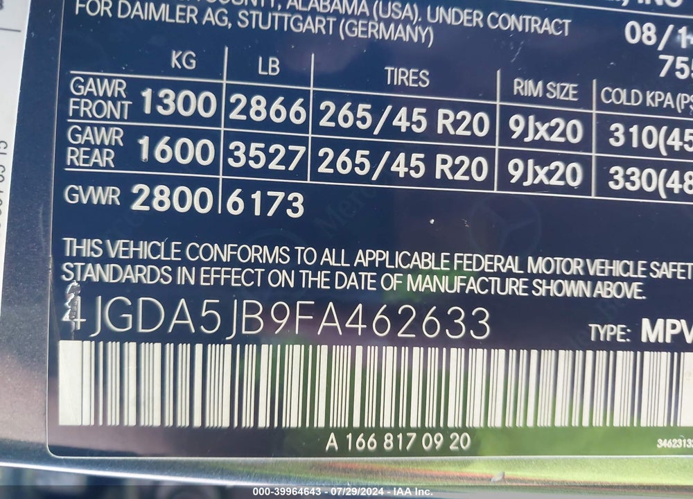 2015 MERCEDES-BENZ ML 350 VIN: 4JGDA5JB9FA462633