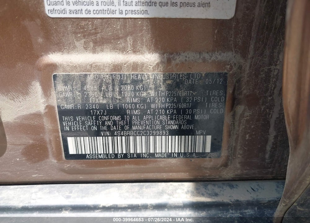 2012 SUBARU OUTBACK 2.5I PREMIUM VIN: 4S4BRBCC2C3299893