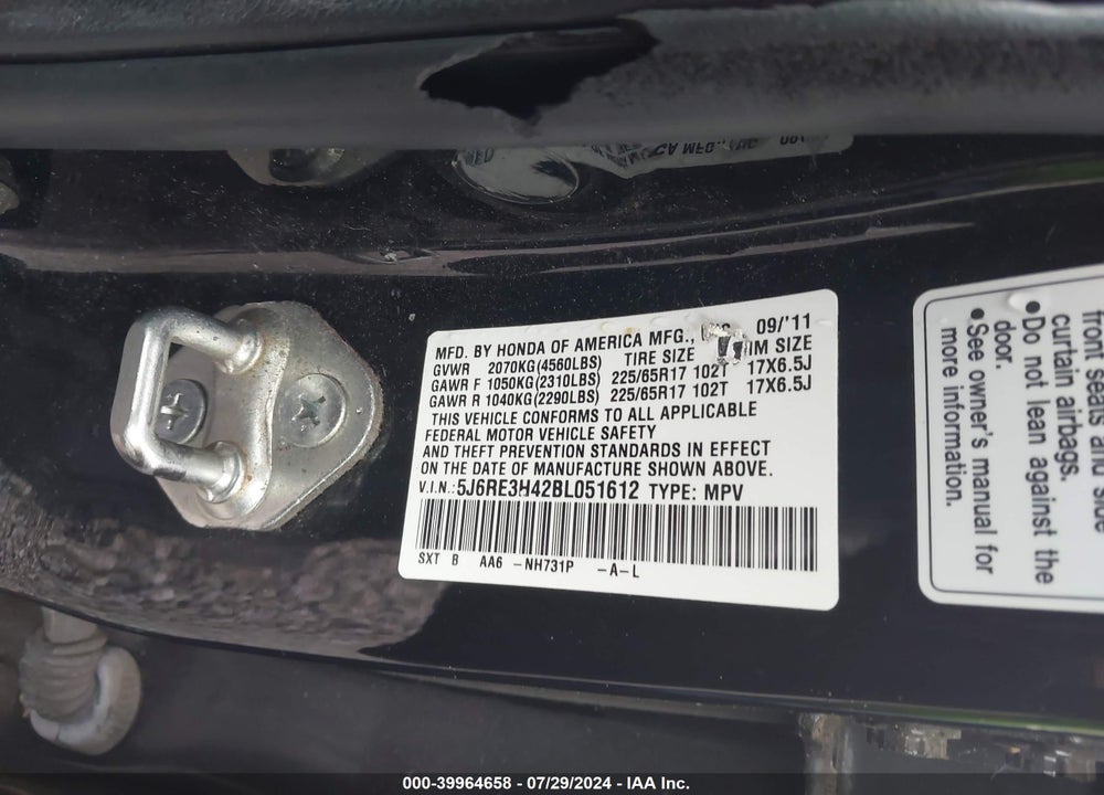 2011 HONDA CR-V SE VIN: 5J6RE3H42BL051612