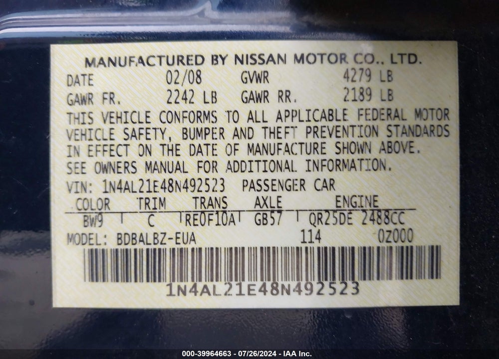 2008 NISSAN ALTIMA 2.5 S VIN: 1N4AL21E48N492523