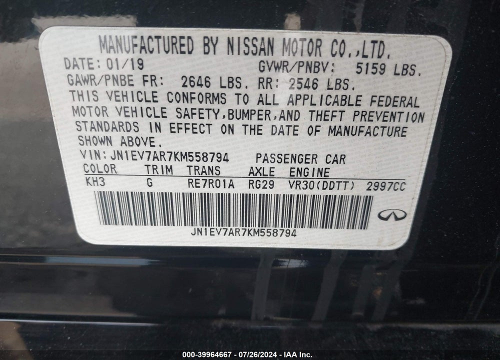 2019 INFINITI Q50 3.0T LUXE VIN: JN1EV7AR7KM558794