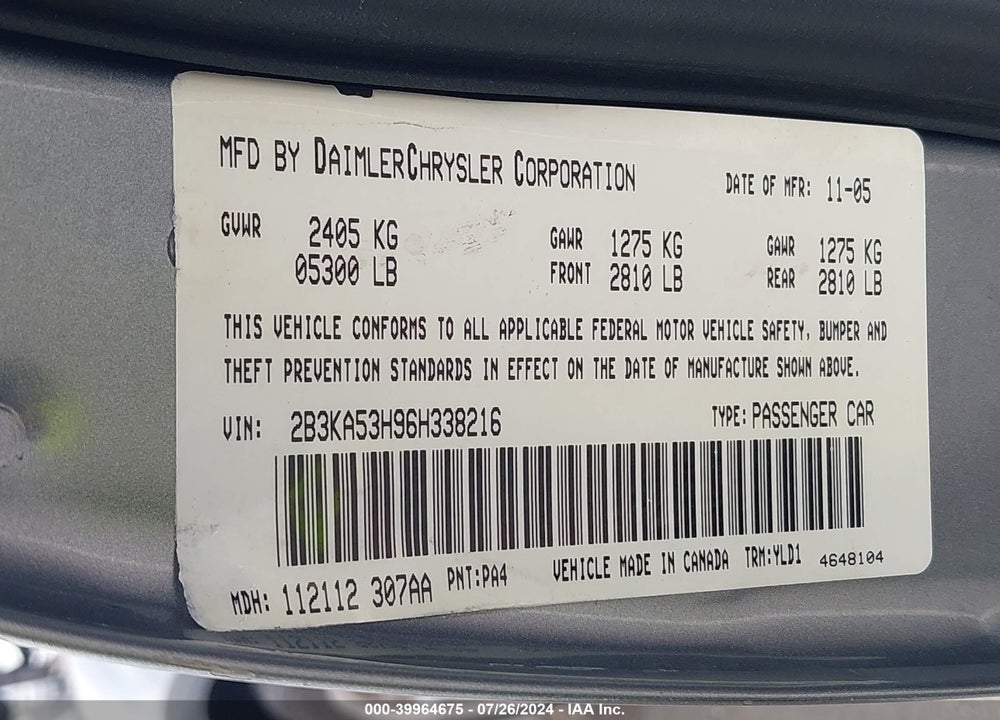 2006 DODGE CHARGER RT VIN: 2B3KA53H96H338216