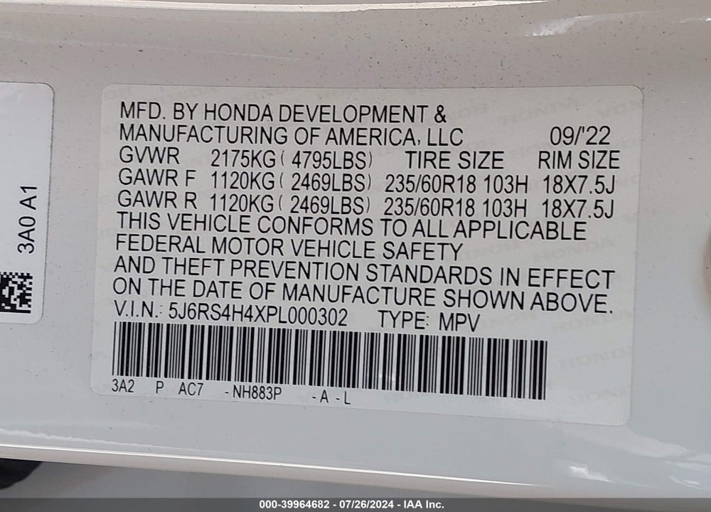 2023 HONDA CR-V EX AWD VIN: 5J6RS4H4XPL000302