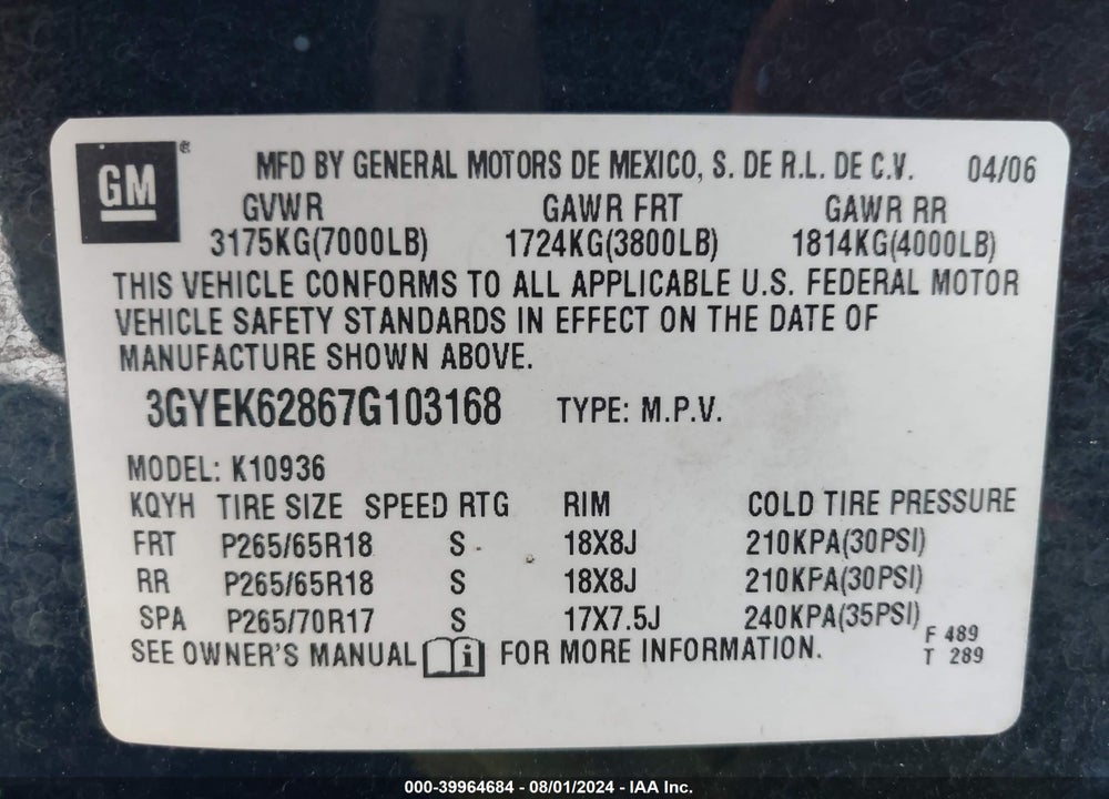 2007 CADILLAC ESCALADE EXT STANDARD VIN: 3GYEK62867G103168