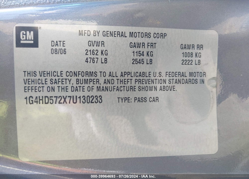 2007 BUICK LUCERNE CXL VIN: 1G4HD572X7U130233