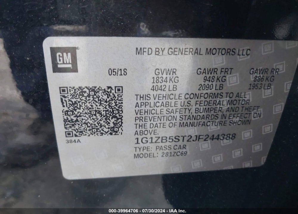 2018 CHEVROLET MALIBU 1LS VIN: 1G1ZB5ST2JF244388