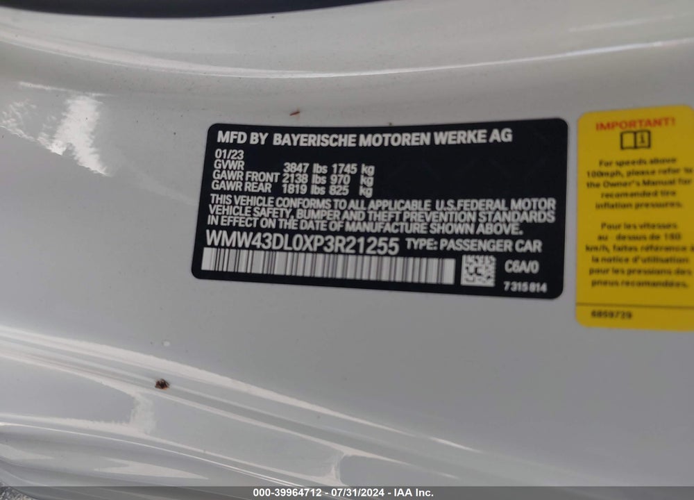 2023 MINI CONVERTIBLE COOPER S VIN: WMW43DL0XP3R21255