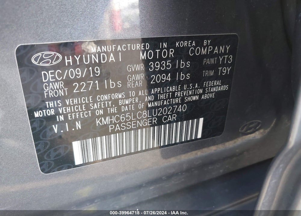 2020 HYUNDAI IONIQ HYBRID BLUE VIN: KMHC65LC8LU202740